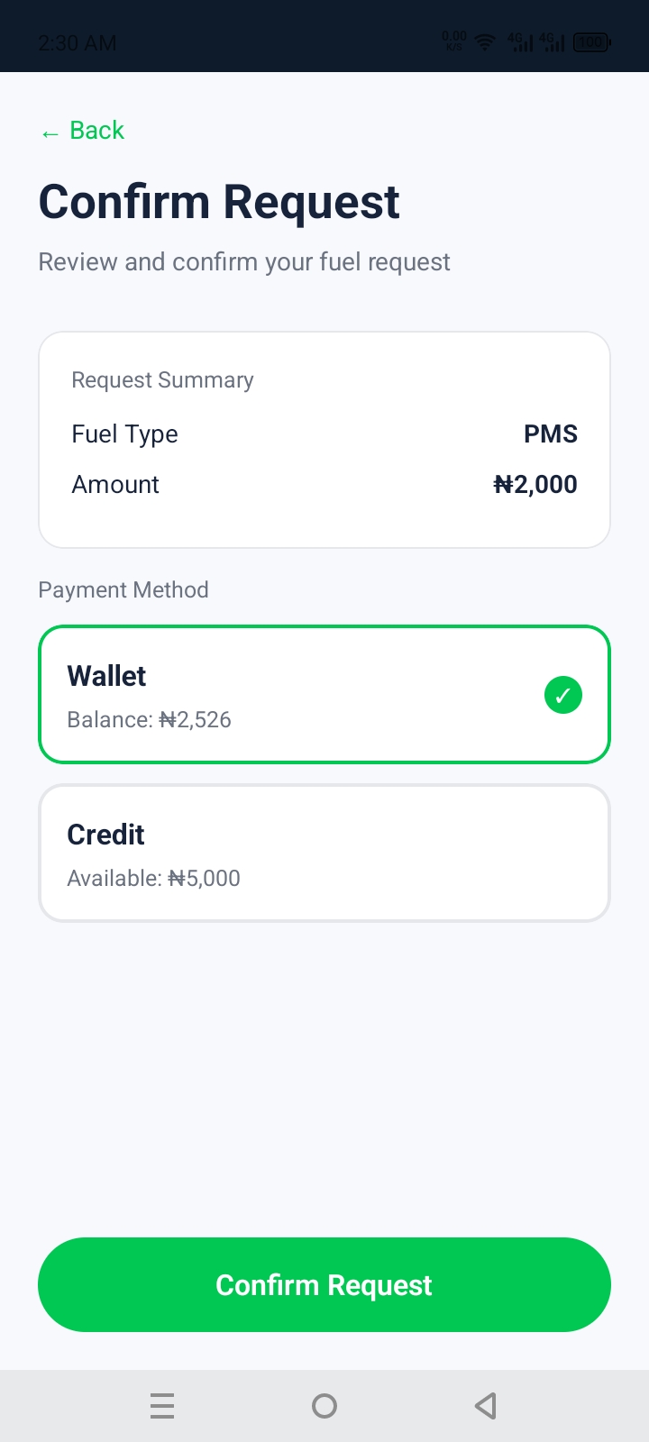 Fuel Assist Credit Screen